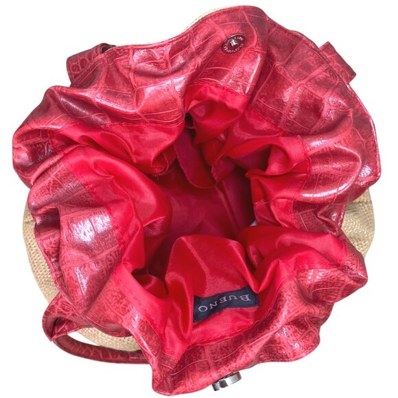 Vintage Bueno Tan Woven Straw Red Faux Leather Flower Satchel Bag - Picture 4 of 8